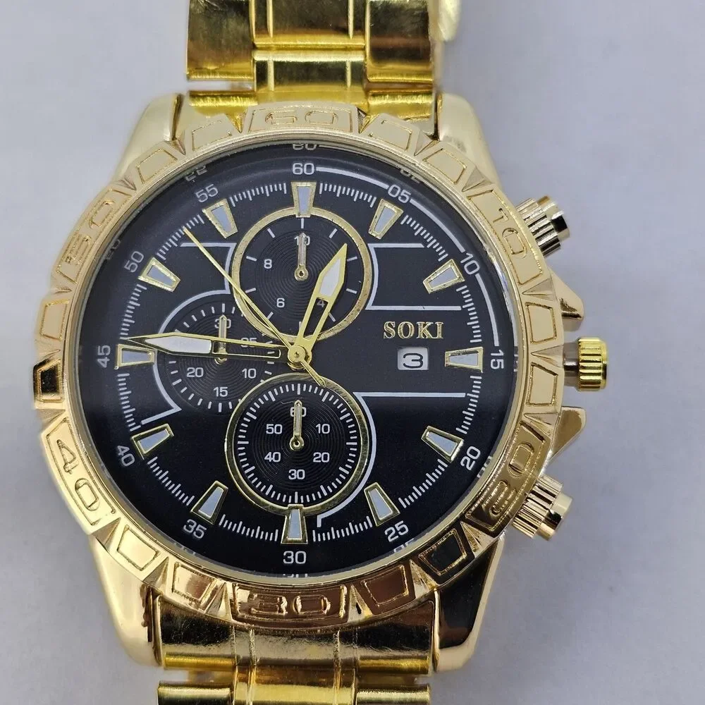 Men's Watch Bracelet‎ Set 43MM Black Dial Date Gold Bracelet Band 8